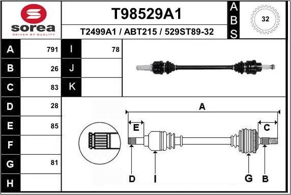 Полуось (привод в сборе, приводной вал) EAI задняя левая для Jaguar X-Type I 2001-2009. Артикул T98529A1