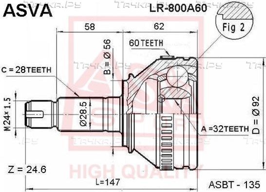 Шрус наружный (граната) Asva передний для Rover 800 1990-1999. Артикул LR-800A60
