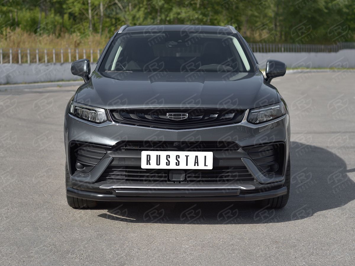 Защита RusStal переднего бампера d63 секции-d42 дуга для Geely Tugella 2020-2026 Черная. Артикул GTGZ-003943CH