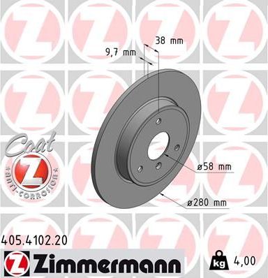 Тормозной диск Zimmermann Coat Z передний для Smart Fortwo II (W451) 2007-2015. Артикул 405.4102.20