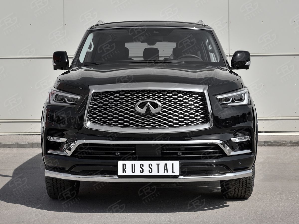 Защита RusStal переднего бампера d63 секции для Infiniti QX80 I рестайлинг 2018-2026. Артикул IQX8Z-003007