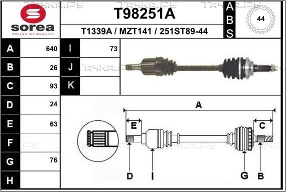 Полуось (привод в сборе, приводной вал) EAI. Артикул T98251A