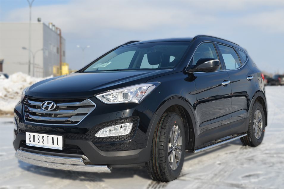 Защита RusStal переднего бампера 75х42/75х42 овал для Hyundai Santa Fe III 2012-2018. Артикул HSFZ-001217