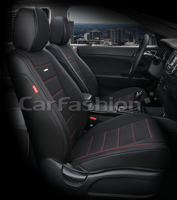 Чехлы универсальные каркасные CarFashion 5D Mayer на передние сидения авто, цвет Черный/Черный/Красный. Артикул 21502