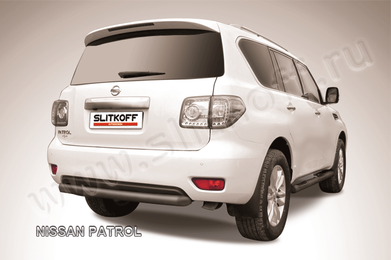 Защита Slitkoff заднего бампера d76 короткая ЧЕРНАЯ матовая для Nissan Patrol Y62 2012-2014. Артикул NIPAT017B