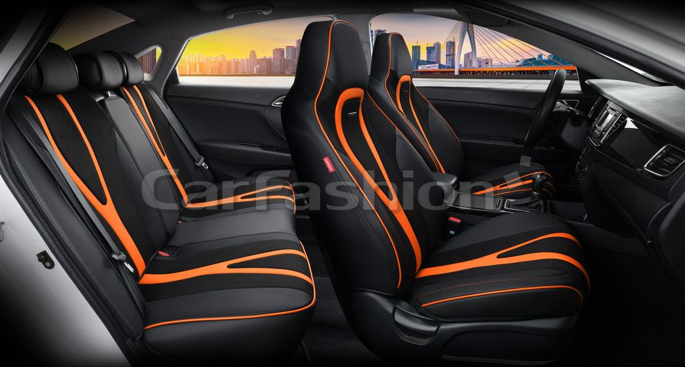 Чехлы универсальные каркасные CarFashion 5D Integral Plus на сидения авто, цвет Черный/Черный/Оранжевый. Артикул 27248