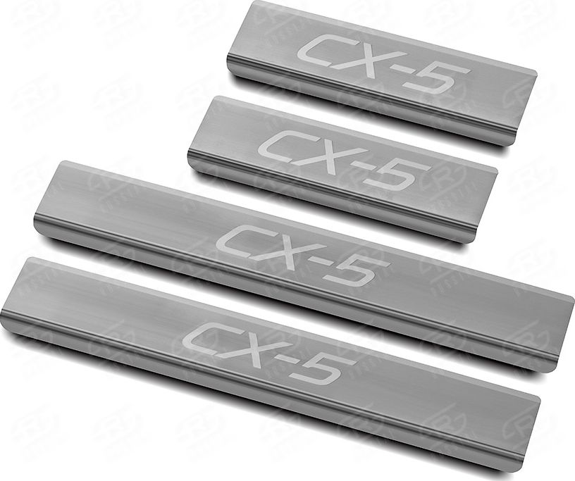 Накладки RusStal на пороги (лист нерж. шлифованный с надписью) для Mazda CX-5 I 2012-2017. Артикул MZDCX512-03