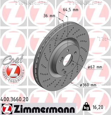 Тормозной диск Zimmermann Coat Z передний для Mercedes-Benz C-Класс IV (W205, C205) 2014-2026. Артикул 400.3660.20