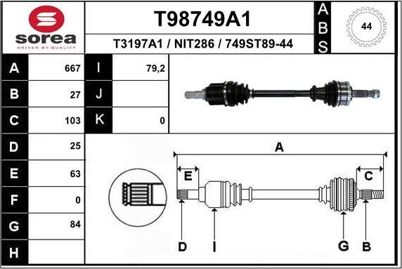 Полуось (привод в сборе, приводной вал) EAI. Артикул T98749A1