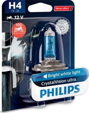 H4 12V- 60/55W (P43t) (белый яркий свет) CrystalVision Ultra Moto Philips CrystalVision ultra moto. Артикул 12342CVUBW