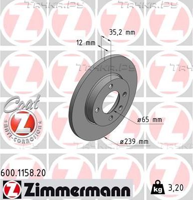 Тормозной диск Zimmermann Coat Z передний для Volkswagen Caddy I 1982-1992. Артикул 600.1158.20