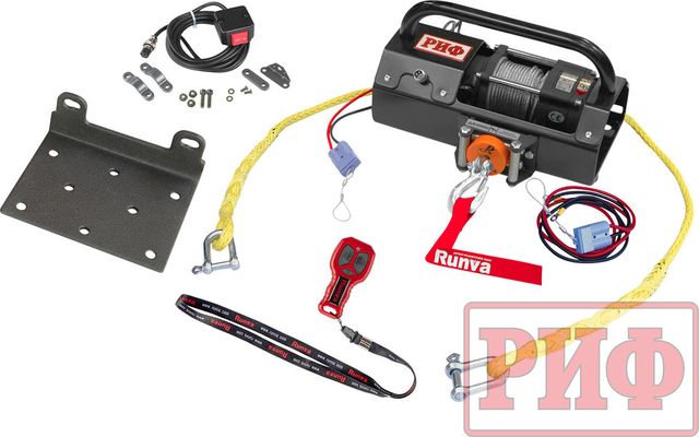 Переносная лебёдка РИФ: 12V Runva 2500A lbs 1140 кг c малой площадкой и проводами (в сборе) стальной трос. Артикул EWP2500A-KIT