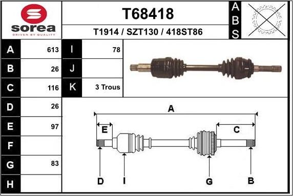 Полуось (привод в сборе, приводной вал) EAI передняя правая для Suzuki Grand Vitara II 1998-2005. Артикул T68418