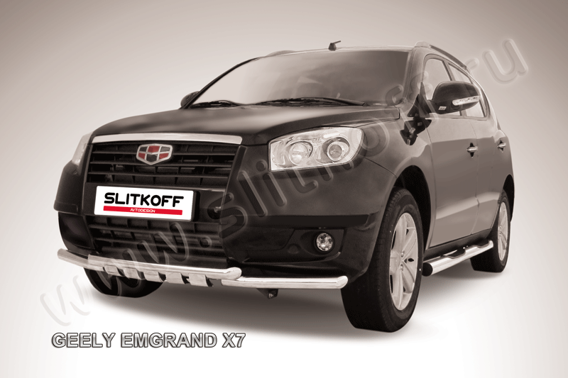 Защита Slitkoff переднего бампера d57+d57 двойная с профильной ЗК для Geely Emgrand X7 2011-2016. Артикул GEX7001