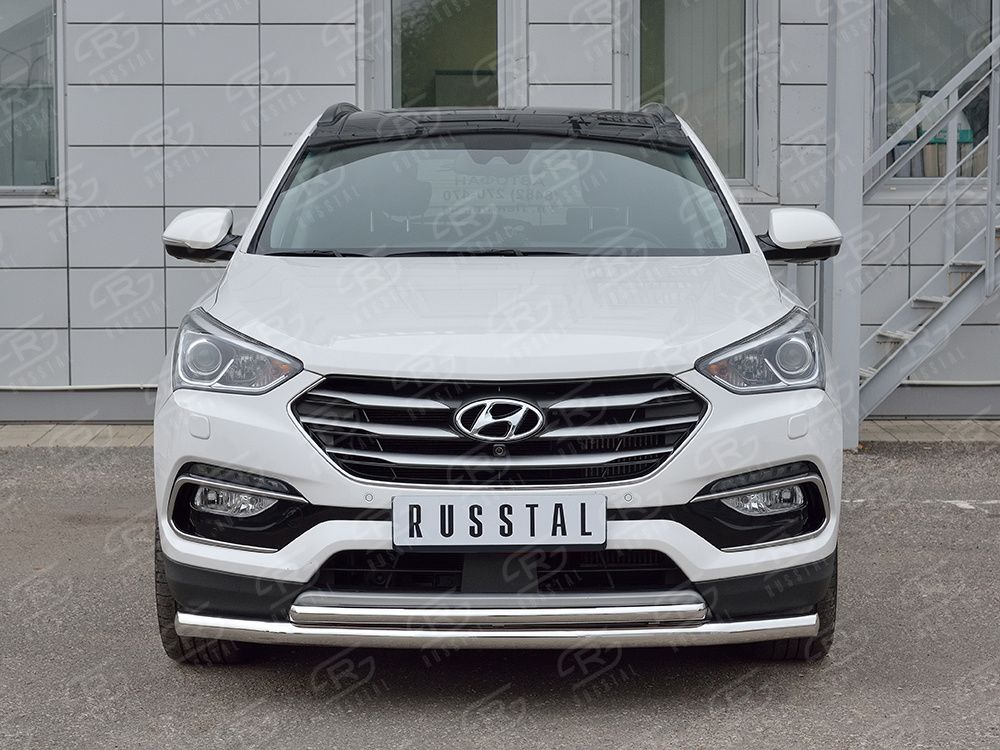 Защита RusStal переднего бампера d63 секция-d42 дуга для Hyundai Santa Fe Premium III 2015-2026. Артикул HSFPZ-002443