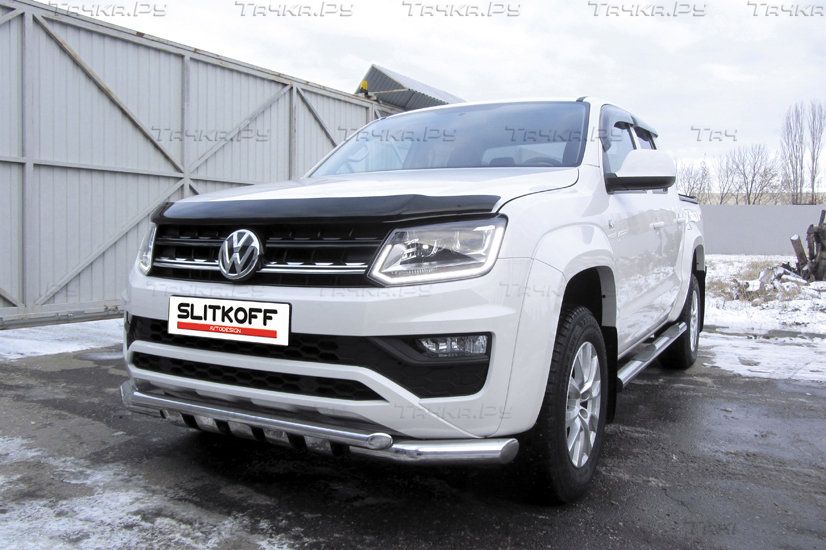 Защита Slitkoff переднего бампера d76+d57 двойная с профильной ЗК для Volkswagen Amarok I рестайлинг 2016-2026. Артикул VWAM16-001