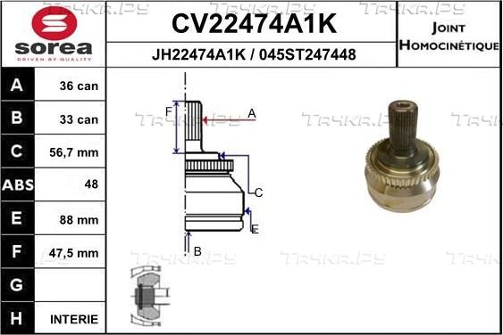 Шрус наружный (граната) EAI передний для Volvo V70 I 1995-2000. Артикул CV22474A1K