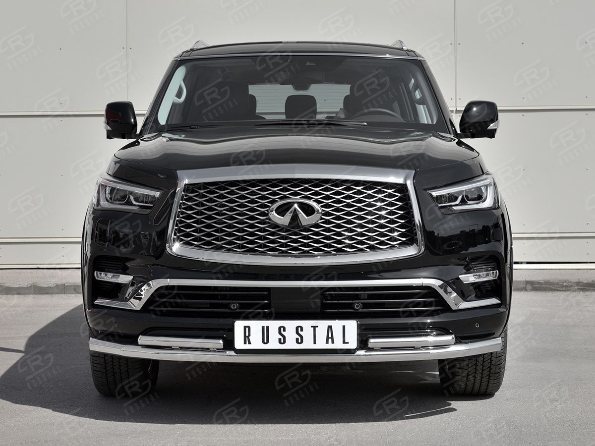 Защита RusStal переднего бампера d63 секции-d42 секции для Infiniti QX80 I рестайлинг 2018-2026. Артикул IQX8Z-003009