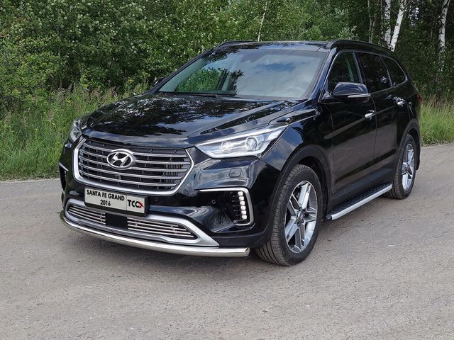 Пороги алюминиевые ТСС с пластиковой накладкой 1820 мм для Hyundai Grand Santa Fe 2016-2018. Артикул HYUNSFGR16-18AL