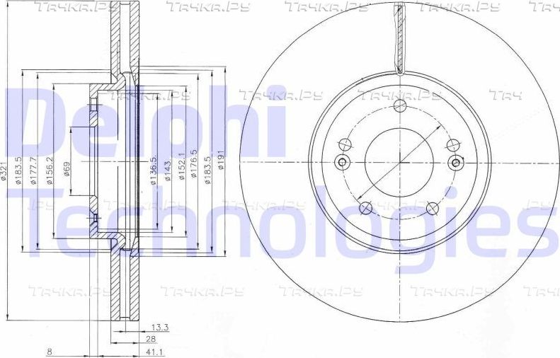 Тормозной диск Delphi передний для Hyundai Santa Fe II 2006-2013. Артикул BG9056C