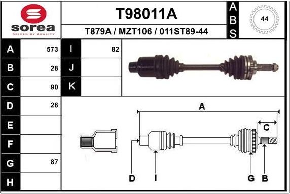 Полуось (привод в сборе, приводной вал) EAI. Артикул T98011A