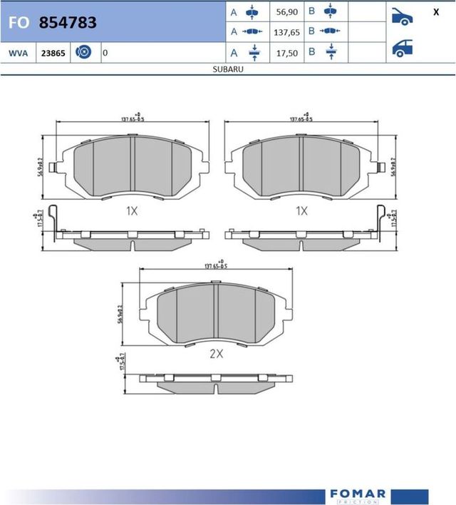 Тормозные колодки Fomar передние для Subaru Legacy V 2009-2014. Артикул FO 854783