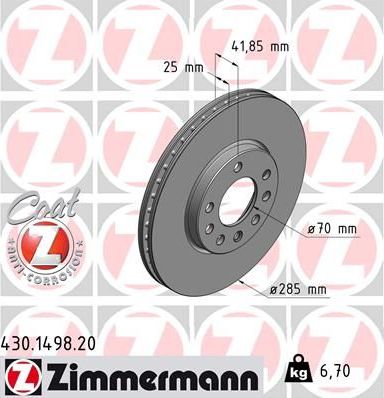 Тормозной диск Zimmermann Coat Z передний для Saab 9-3 II 2002-2015. Артикул 430.1498.20