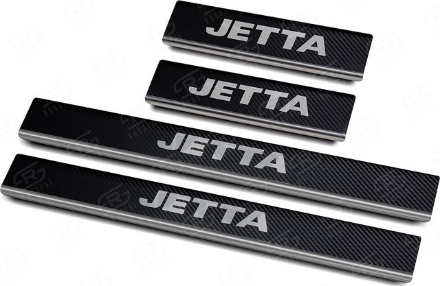 Накладки RusStal на пороги (лист нерж. карбон с надписью) для Volkswagen Jetta VI 2014-2018. Артикул VWJET14-06