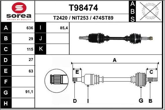 Полуось (привод в сборе, приводной вал) EAI. Артикул T98474