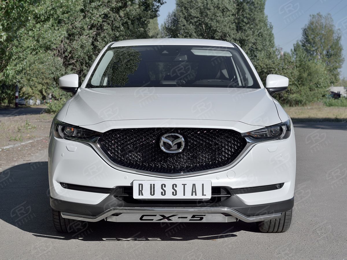 Защита RusStal переднего бампера d42 волна с надписью для Mazda CX-5 II 2017-2026. Артикул M5Z-002788