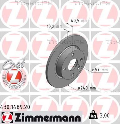 Тормозной диск Zimmermann Coat Z задний для Opel Tigra B 2004-2010. Артикул 430.1489.20