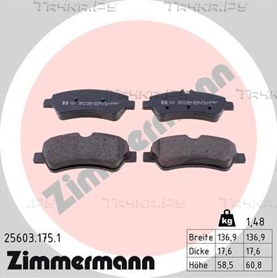 Тормозные колодки Zimmermann задние для Ford Transit VIII 2013-2026. Артикул 25603.175.1