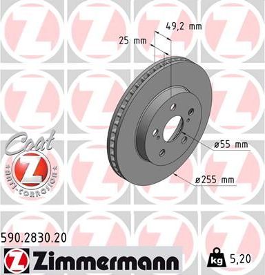 Тормозной диск Zimmermann Coat Z передний для Toyota Prius IV (XW50) 2016-2026. Артикул 590.2830.20