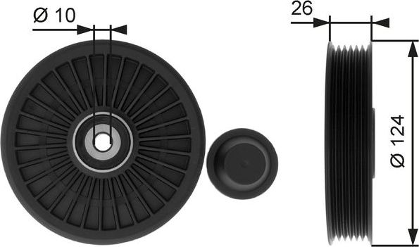 Направляющий (ведущий) ролик приводного поликлинового ремня Gates (полимерный материал). Артикул T36216
