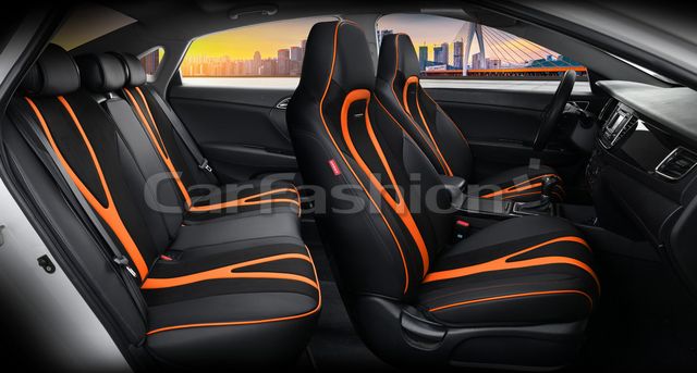 Чехлы универсальные каркасные CarFashion 5D Integral Plus на сидения авто, цвет Черный/Черный/Оранжевый. Артикул 27248