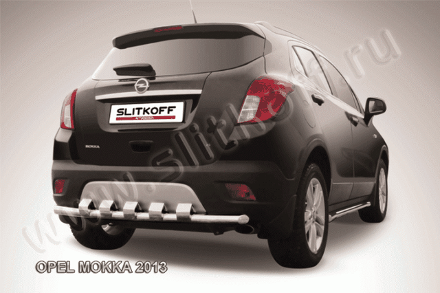 Защита Slitkoff заднего бампера d57 (с декор. элементом) для Opel Mokka 2013-2026. Артикул OPMOK13-012