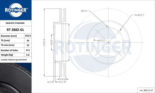 Тормозной диск Rotinger GRAPHITE LINE передний для Daewoo Nubira III 2003-2004. Артикул RT 2882-GL
