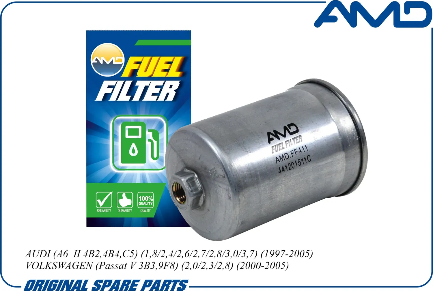 Фильтр топливный AUDI 80/A4/A6/A8 1.6-6.0/VW PASSAT 2.0-4.0 96-05 (AMD). Артикул AMD.FF411