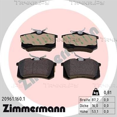 Тормозные колодки Zimmermann задние для Renault Twingo II 2008-2014. Артикул 20961.160.1