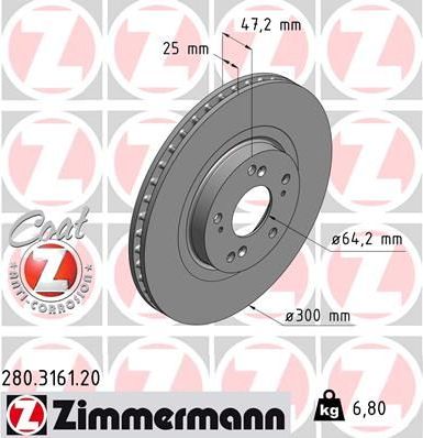 Тормозной диск Zimmermann Coat Z передний для Honda Civic VII 2001-2005. Артикул 280.3161.20