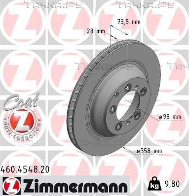 Тормозной диск Zimmermann Coat Z задний для Porsche Taycan I 2019-2026. Артикул 460.4548.20