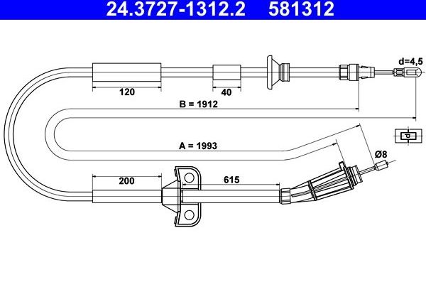 Трос ручника (тросик ручного тормоза) ATE задний для Volvo S80 I 1998-2006. Артикул 24.3727-1312.2