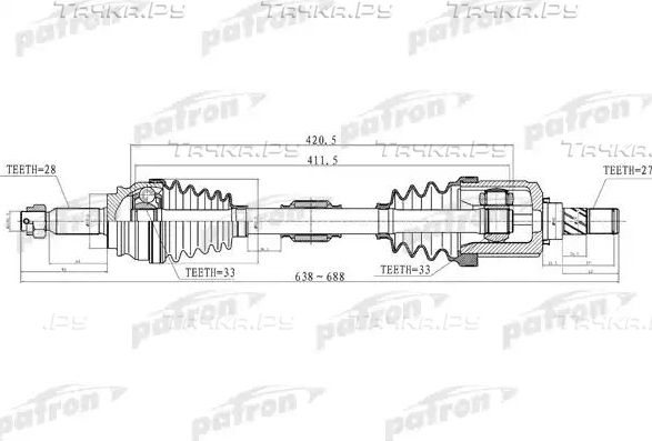 Полуось (привод в сборе, приводной вал) Patron передняя левая для Jeep Patriot 2008-2017. Артикул PDS2033