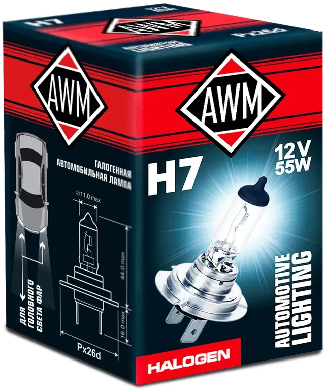 Лампа галогенная AWM H7 12V 55 W (PX26D) (10702070/091221/3018109, КИТАЙ). Артикул 410300004