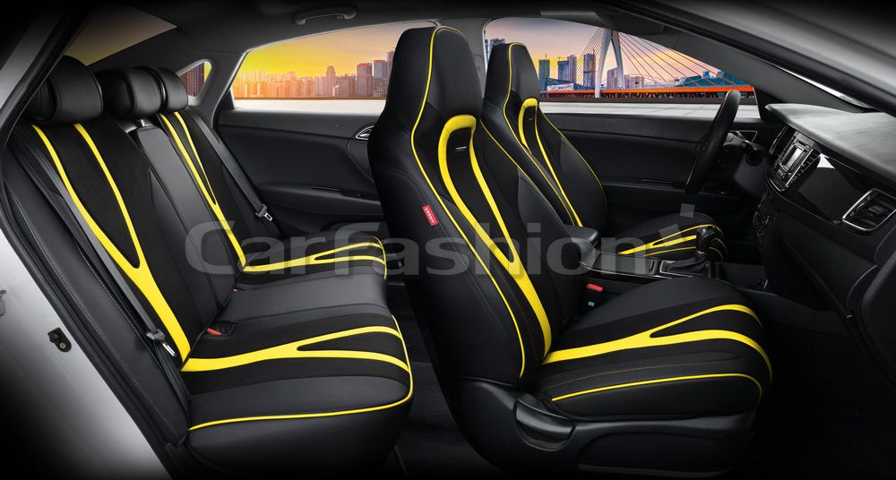 Чехлы универсальные каркасные CarFashion 5D Integral Plus на сидения авто, цвет Черный/Черный/Желтый. Артикул 27246