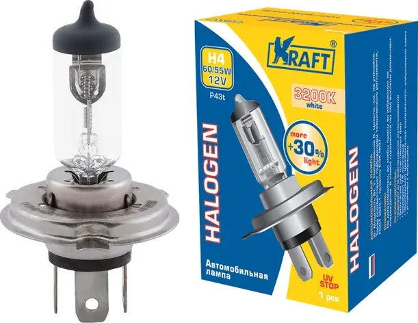 Автолампа H4 +30% 12v 60/55w (P43t) (Kraft). Артикул KT700077