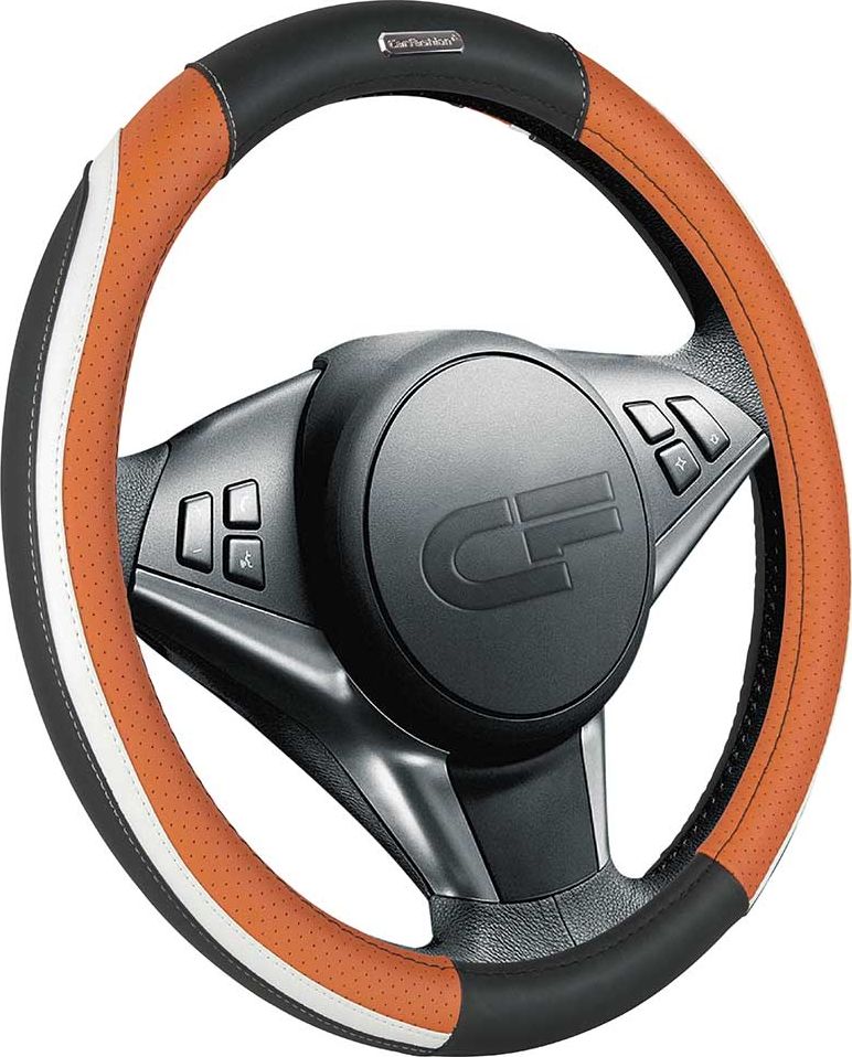 Оплётка на руль CarFashion Step (размер M, экокожа, цвет ЧЕРНЫЙ/ОРАНЖЕВЫЙ/БЕЛЫЙ/БЕЛЫЙ/ЧЕРНЫЙ/БЕЛЫЙ). Артикул 31307
