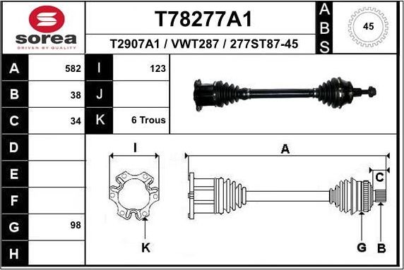 Полуось (привод в сборе, приводной вал) EAI передняя левая для Audi S4 III (B7) 2004-2009. Артикул T78277A1
