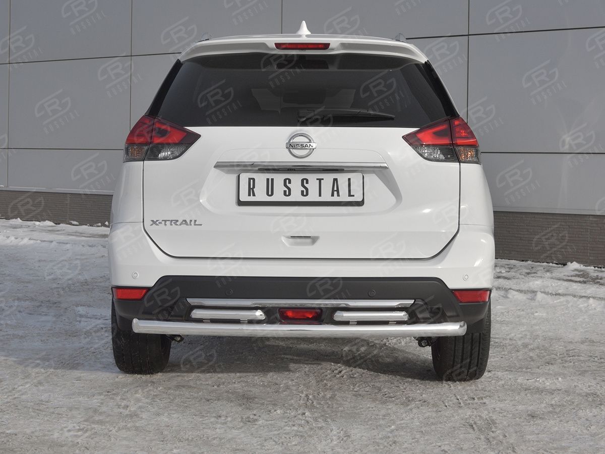 Защита RusStal заднего бампера d63 дуга-d42x2 дуги для Nissan X-Trail T32 рестайлинг 2018-2026. Артикул NXZ-003161