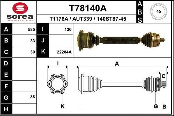 Полуось (привод в сборе, приводной вал) EAI. Артикул T78140A